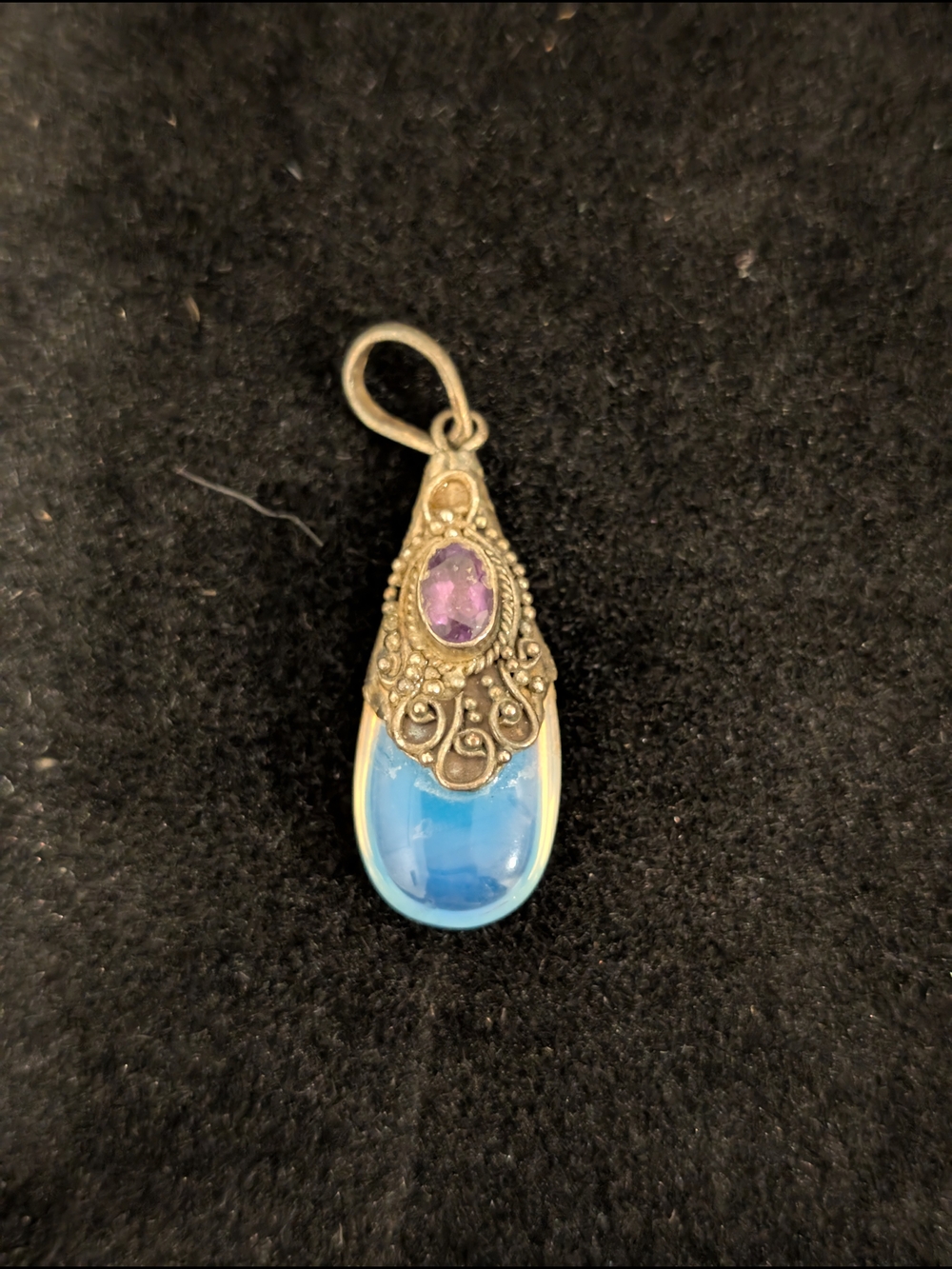 Silver-Tone Blue Opalite Teardrop Pendant with Purple Amethyst Stone